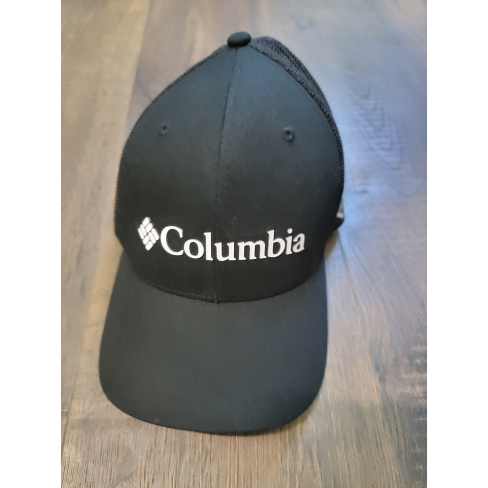 Columbia Black Flexfit Mesh Back Baseball Cap Hat S/M Logo Outdoor Active